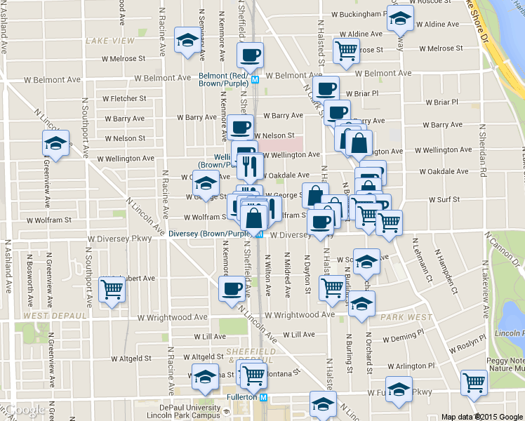 map of restaurants, bars, coffee shops, grocery stores, and more near 924 West Wolfram Street in Chicago