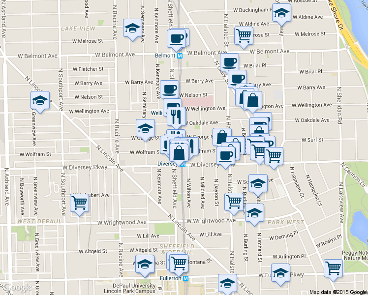 map of restaurants, bars, coffee shops, grocery stores, and more near 924 West Wolfram Street in Chicago