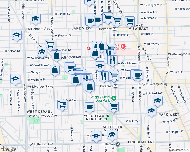 map of restaurants, bars, coffee shops, grocery stores, and more near 1115 West George Street in Chicago