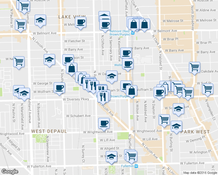 map of restaurants, bars, coffee shops, grocery stores, and more near 1115 West George Street in Chicago