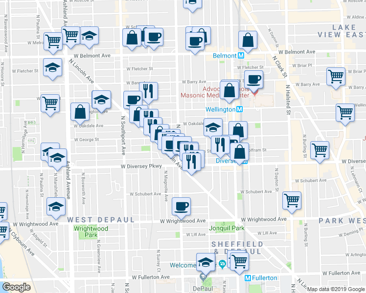 map of restaurants, bars, coffee shops, grocery stores, and more near 2849 North Racine Avenue in Chicago