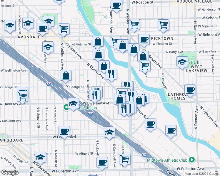 map of restaurants, bars, coffee shops, grocery stores, and more near 2526 West George Street in Chicago
