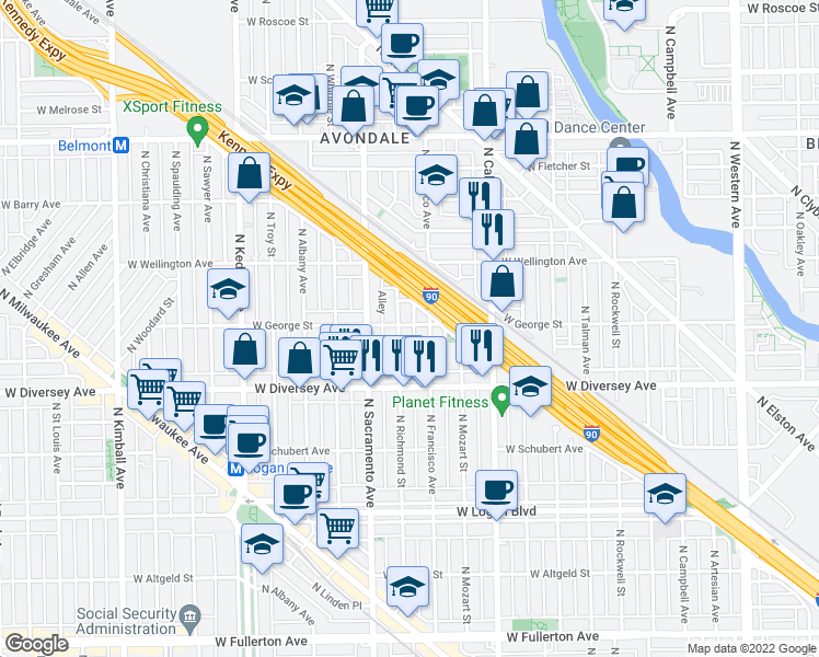 map of restaurants, bars, coffee shops, grocery stores, and more near 2910 West George Street in Chicago