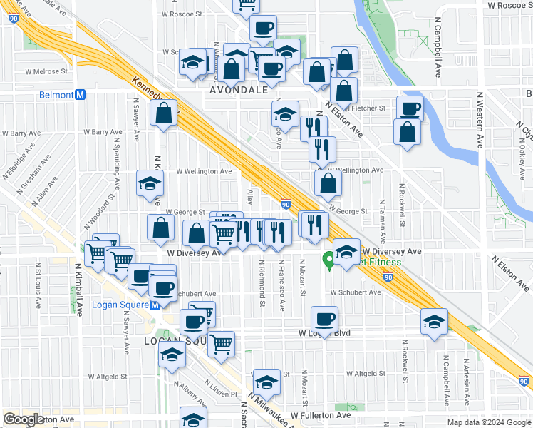 map of restaurants, bars, coffee shops, grocery stores, and more near 2910 West George Street in Chicago
