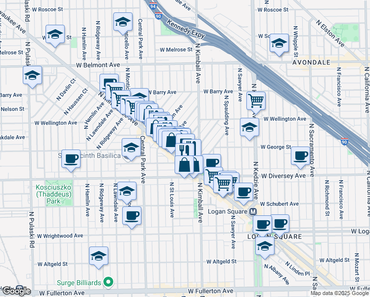 map of restaurants, bars, coffee shops, grocery stores, and more near 2922 North Wisner Avenue in Chicago