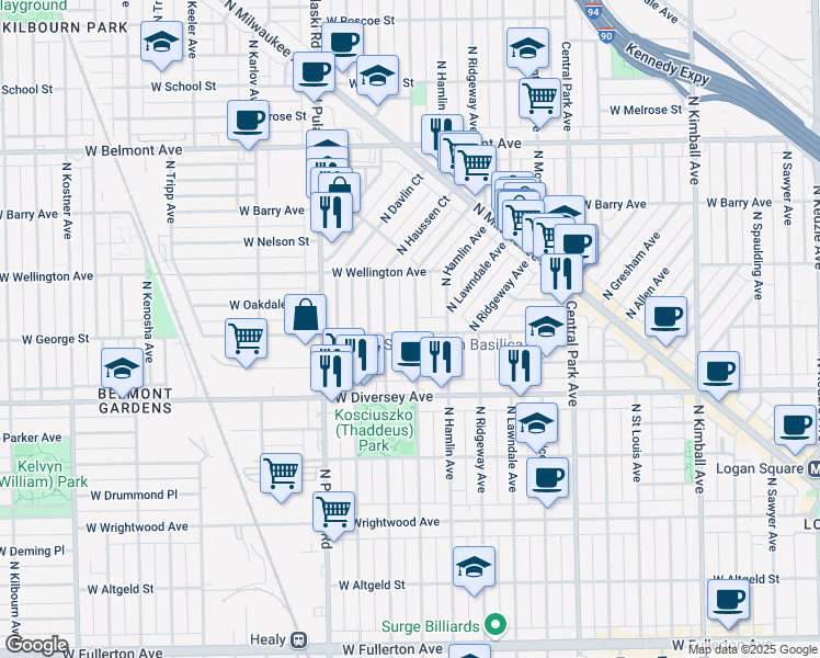 map of restaurants, bars, coffee shops, grocery stores, and more near 3816 West George Street in Chicago