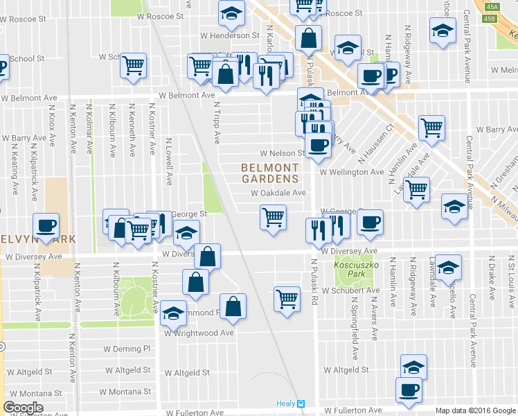 map of restaurants, bars, coffee shops, grocery stores, and more near 4125 West Oakdale Avenue in Chicago