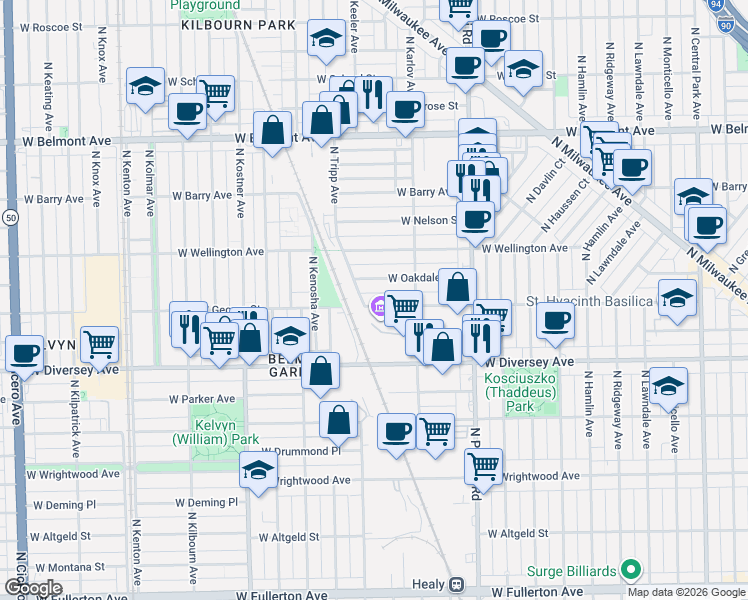 map of restaurants, bars, coffee shops, grocery stores, and more near 2916 North Kearsarge Avenue in Chicago