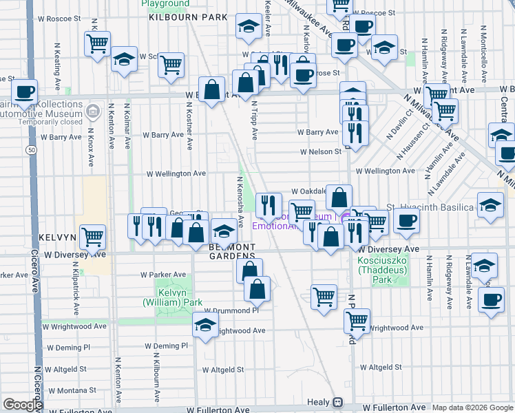 map of restaurants, bars, coffee shops, grocery stores, and more near 2945 North Kenosha Avenue in Chicago