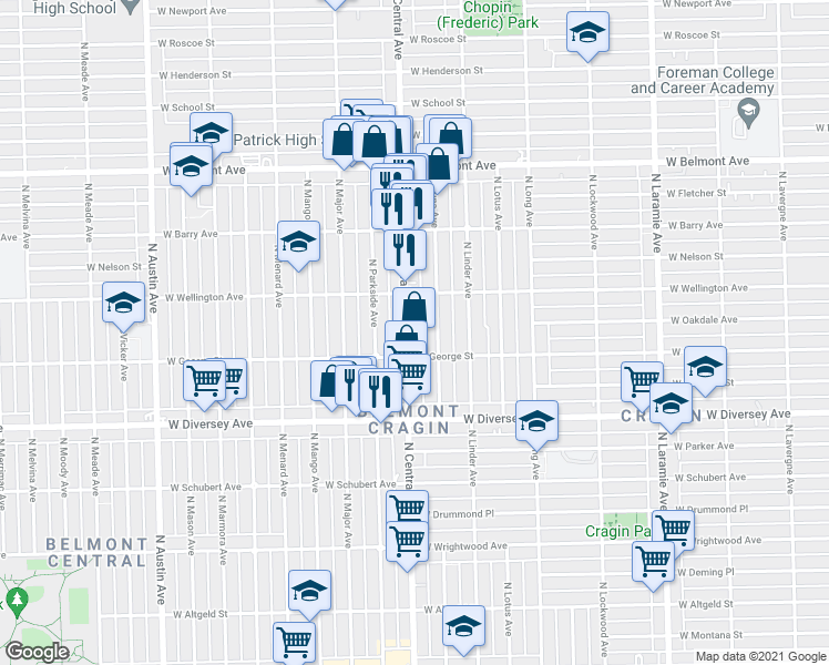 map of restaurants, bars, coffee shops, grocery stores, and more near 2918 North Central Avenue in Chicago