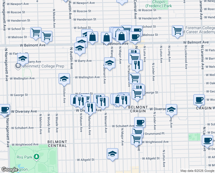map of restaurants, bars, coffee shops, grocery stores, and more near 2931 North Menard Avenue in Chicago