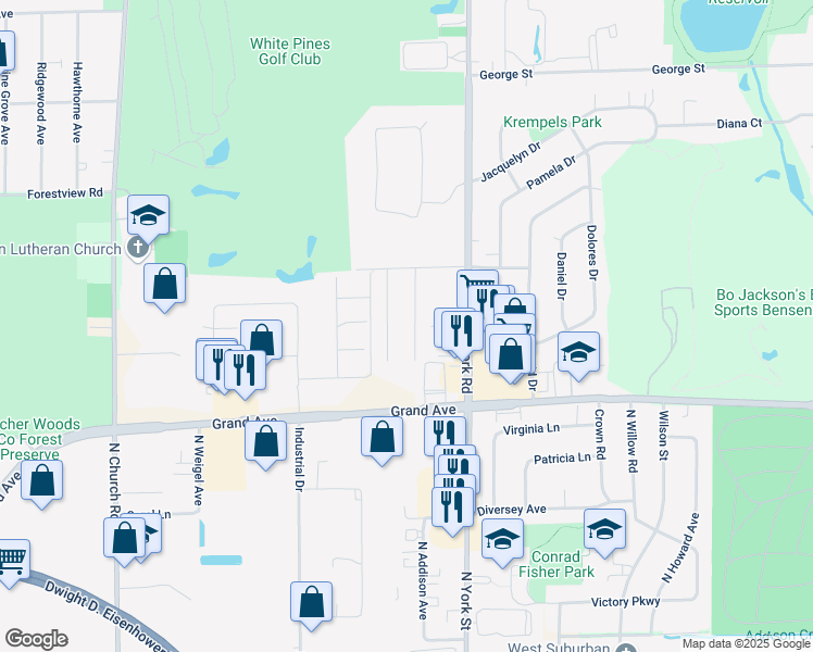 map of restaurants, bars, coffee shops, grocery stores, and more near 1036 Center Street in Bensenville