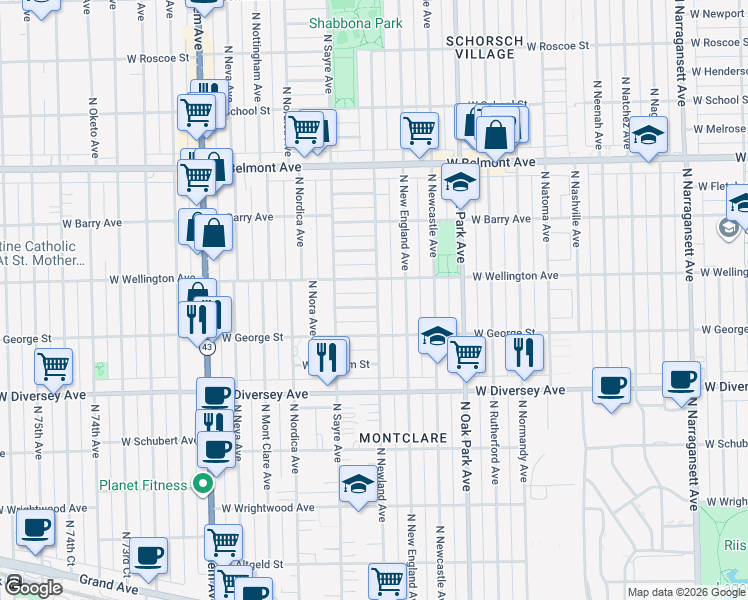 map of restaurants, bars, coffee shops, grocery stores, and more near 6934 West Oakdale Avenue in Chicago