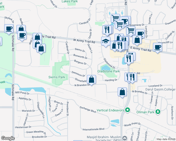 map of restaurants, bars, coffee shops, grocery stores, and more near 75 Dennison Drive in Glendale Heights