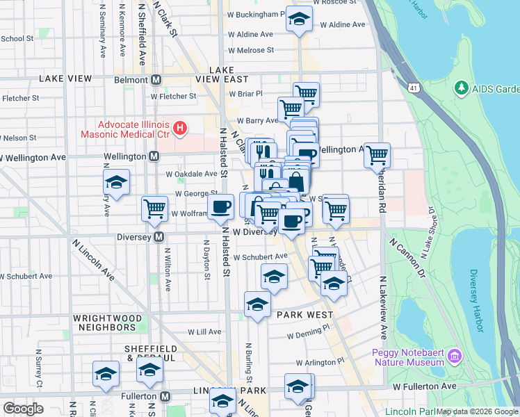 map of restaurants, bars, coffee shops, grocery stores, and more near 2834 North Orchard Street in Chicago