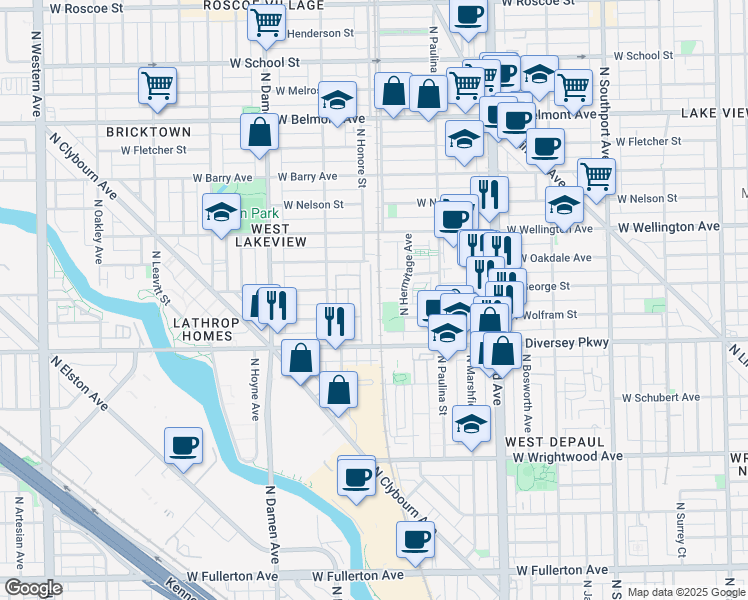 map of restaurants, bars, coffee shops, grocery stores, and more near 1802 West Diversey Parkway in Chicago
