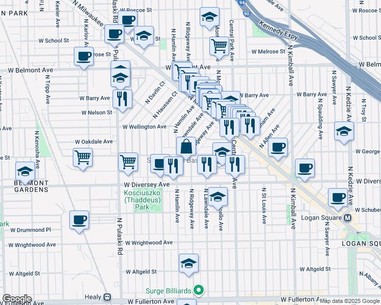 map of restaurants, bars, coffee shops, grocery stores, and more near 2901 North Ridgeway Avenue in Chicago
