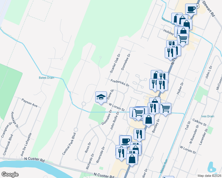 map of restaurants, bars, coffee shops, grocery stores, and more near 653 Dane Drive in Monroe