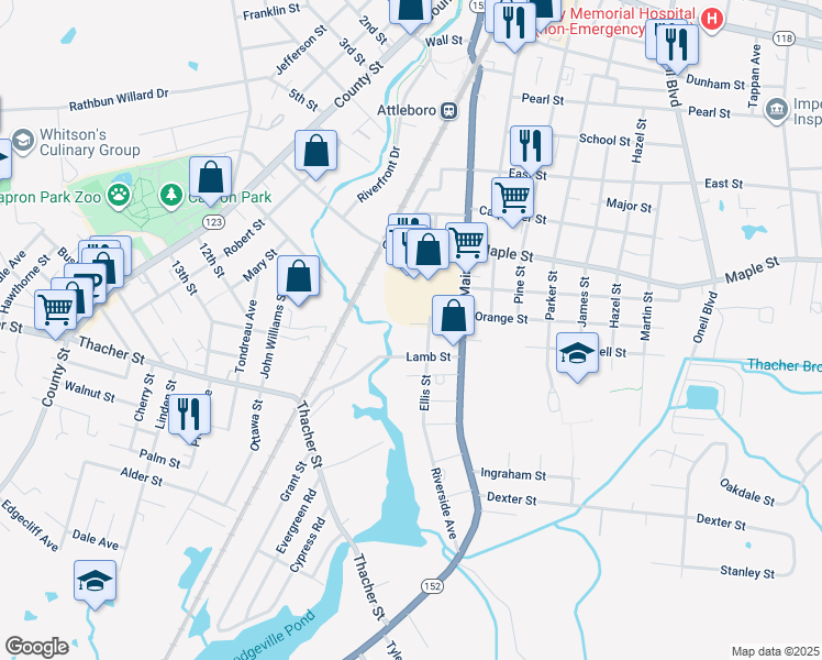 map of restaurants, bars, coffee shops, grocery stores, and more near 34 Clarence Street in Attleboro