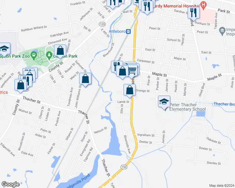 map of restaurants, bars, coffee shops, grocery stores, and more near 56 Clarence Street in Attleboro