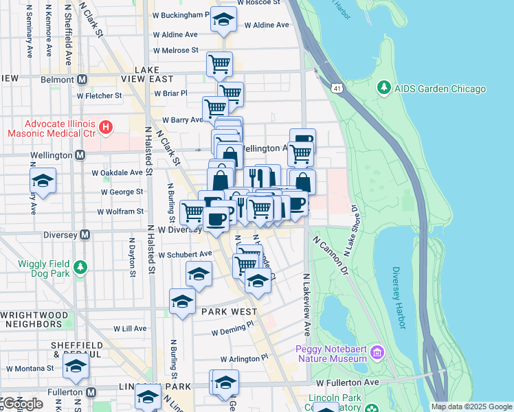 map of restaurants, bars, coffee shops, grocery stores, and more near 2833 North Cambridge Avenue in Chicago