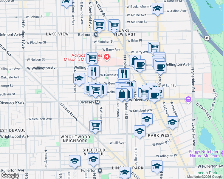 map of restaurants, bars, coffee shops, grocery stores, and more near in Chicago