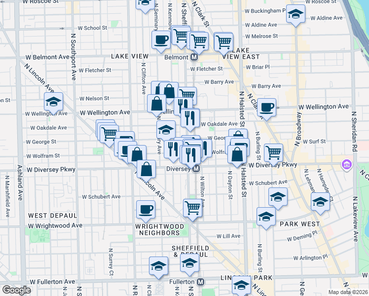 map of restaurants, bars, coffee shops, grocery stores, and more near 2842 North Sheffield Avenue in Chicago