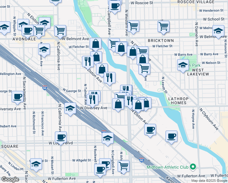 map of restaurants, bars, coffee shops, grocery stores, and more near 2881 North Elston Avenue in Chicago