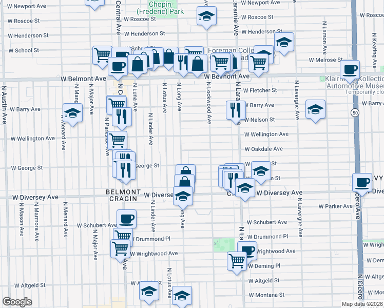 map of restaurants, bars, coffee shops, grocery stores, and more near 5339 West Oakdale Avenue in Chicago