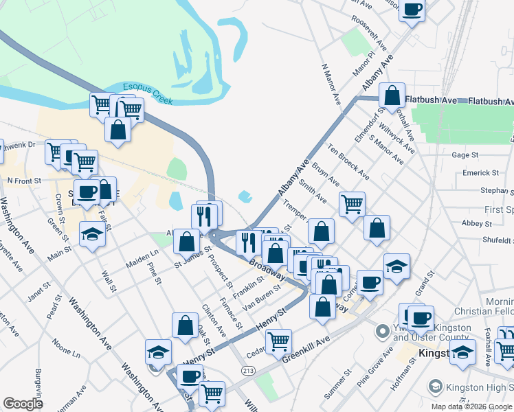 map of restaurants, bars, coffee shops, grocery stores, and more near 169 Albany Avenue in Kingston