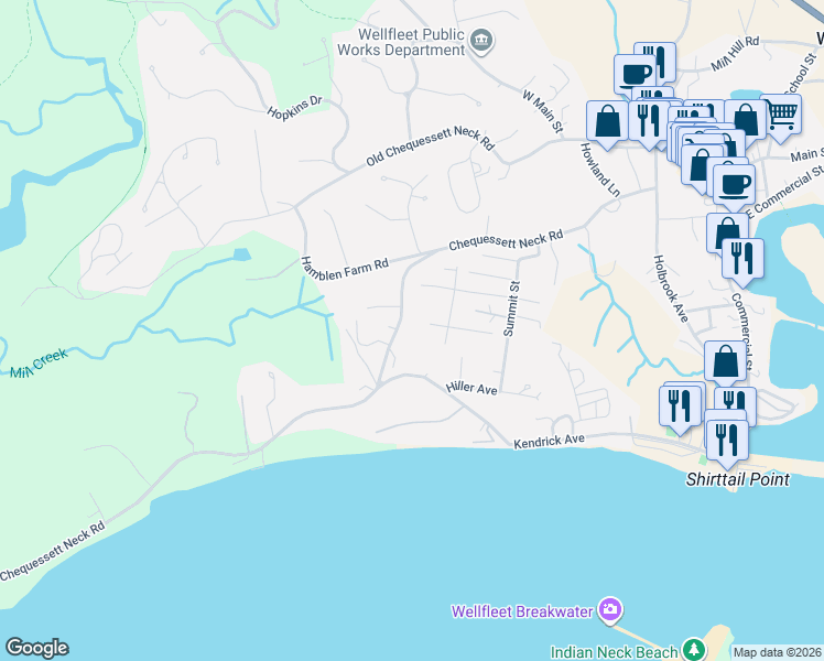 map of restaurants, bars, coffee shops, grocery stores, and more near 345 Chequessett Neck Road in Wellfleet