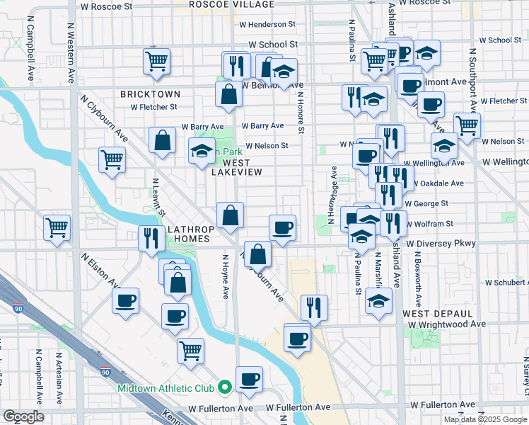 map of restaurants, bars, coffee shops, grocery stores, and more near 1917 W George St in Chicago