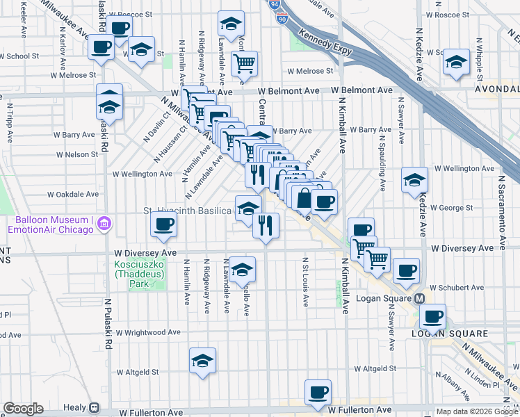 map of restaurants, bars, coffee shops, grocery stores, and more near 3604 West George Street in Chicago