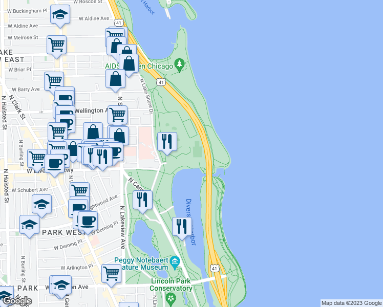 map of restaurants, bars, coffee shops, grocery stores, and more near 140 West Diversey Parkway in Chicago