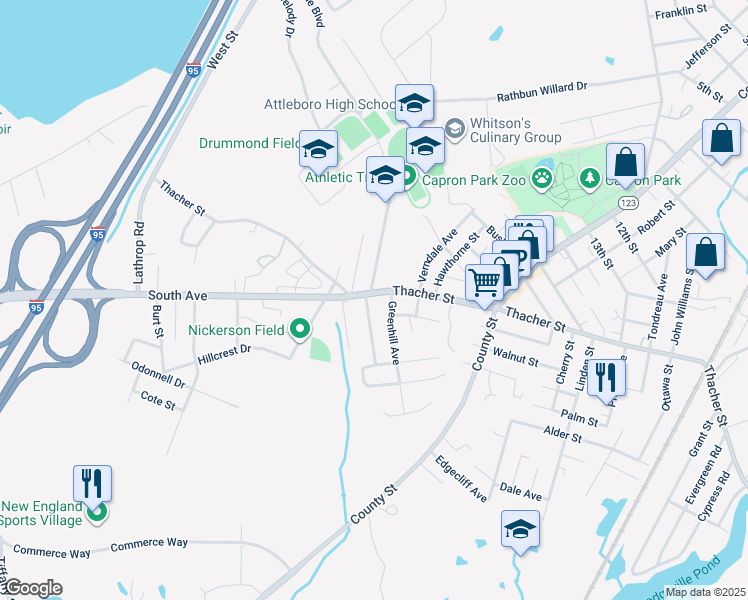 map of restaurants, bars, coffee shops, grocery stores, and more near 520 Thacher Street in Attleboro