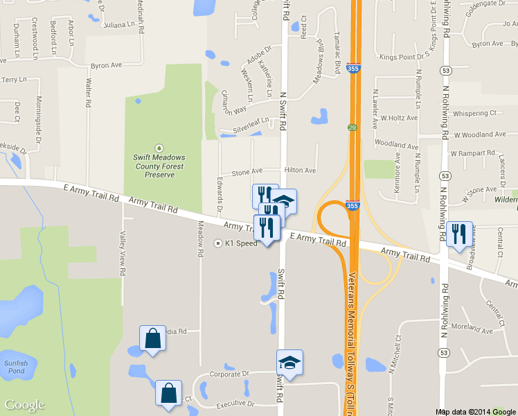 map of restaurants, bars, coffee shops, grocery stores, and more near 4N035 Robbie Lane in Addison