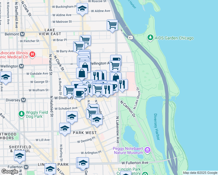 map of restaurants, bars, coffee shops, grocery stores, and more near 425 West Surf Street in Chicago