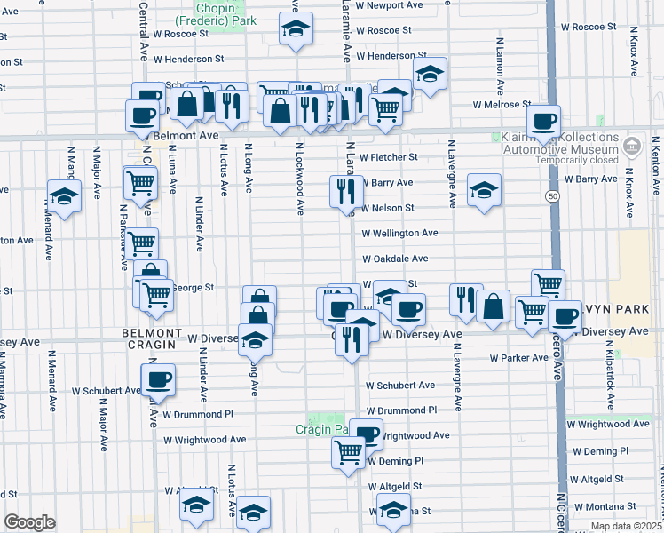 map of restaurants, bars, coffee shops, grocery stores, and more near 5225 West Oakdale Avenue in Chicago