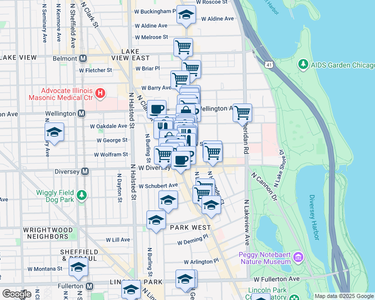 map of restaurants, bars, coffee shops, grocery stores, and more near 2832 North Broadway in Chicago