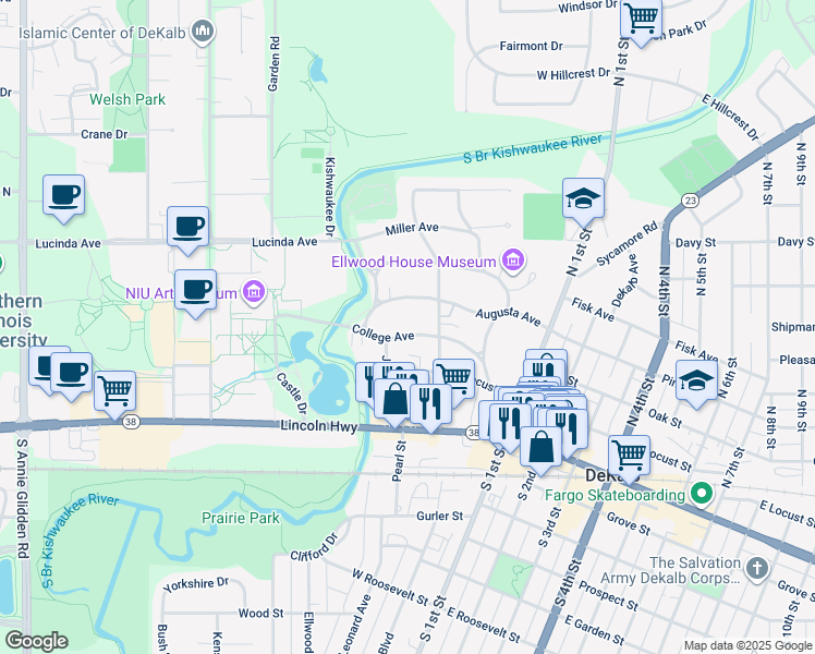 map of restaurants, bars, coffee shops, grocery stores, and more near 431 College Avenue in DeKalb