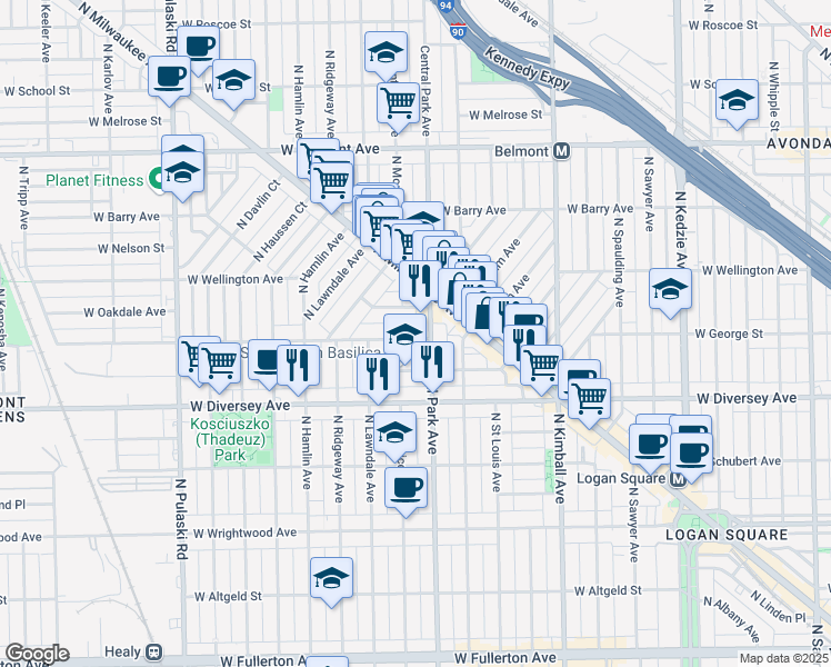 map of restaurants, bars, coffee shops, grocery stores, and more near 3614 West George Street in Chicago