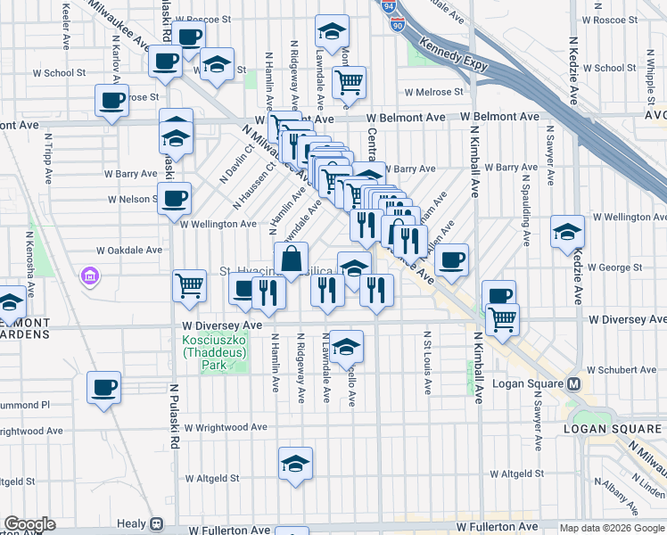 map of restaurants, bars, coffee shops, grocery stores, and more near 3650 West George Street in Chicago