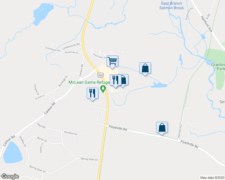 map of restaurants, bars, coffee shops, grocery stores, and more near 7 Mill Pond Drive in Granby