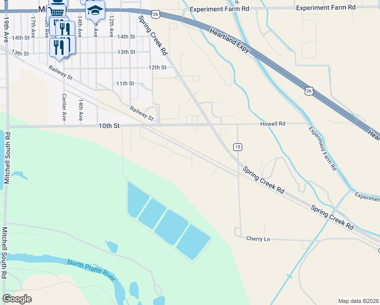 map of restaurants, bars, coffee shops, grocery stores, and more near 140861 Railway St in Mitchell