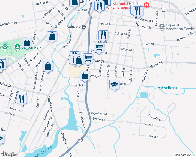map of restaurants, bars, coffee shops, grocery stores, and more near 21 Orange Street in Attleboro