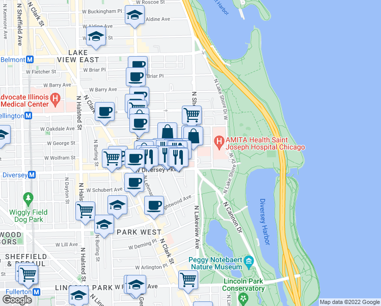 map of restaurants, bars, coffee shops, grocery stores, and more near 429 West Surf Street in Chicago