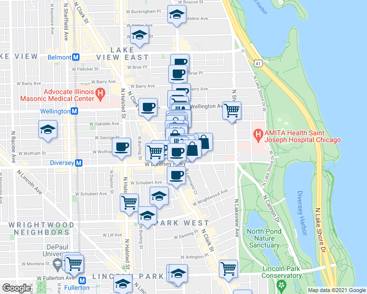 map of restaurants, bars, coffee shops, grocery stores, and more near 555 West Surf Street in Chicago