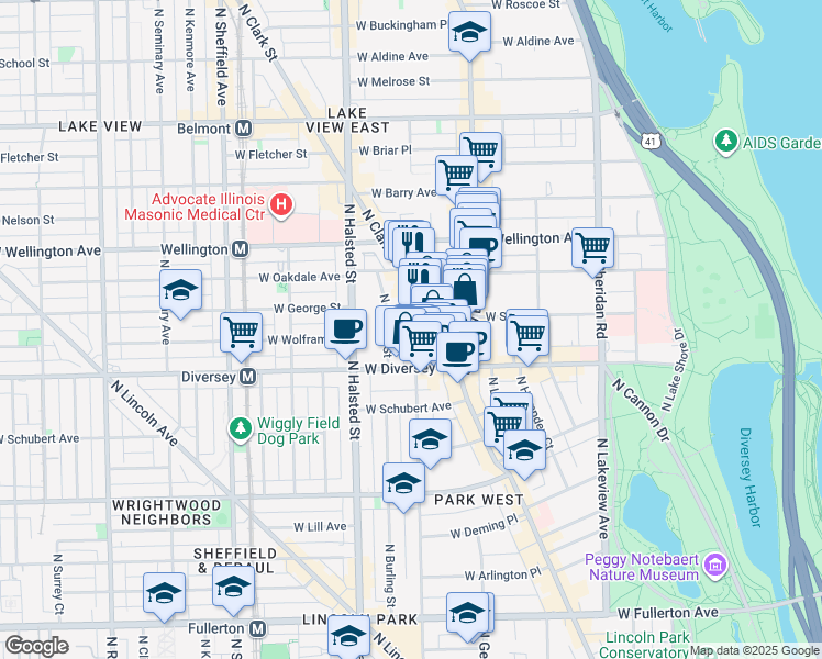 map of restaurants, bars, coffee shops, grocery stores, and more near 2848 North Orchard Street in Chicago