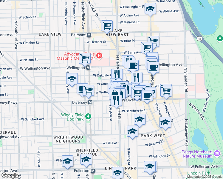 map of restaurants, bars, coffee shops, grocery stores, and more near 2816 North Halsted Street in Chicago