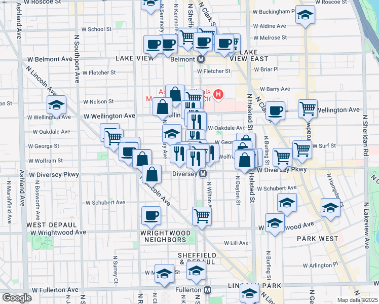 map of restaurants, bars, coffee shops, grocery stores, and more near 2844 North Sheffield Avenue in Chicago